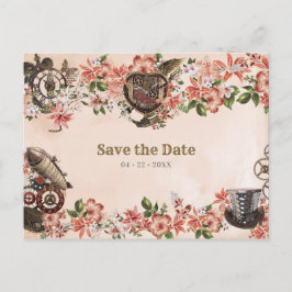 Postal Boda floral Steampunk Ahorra la Fecha