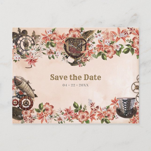 Postal Boda floral Steampunk Ahorra la Fecha (Anverso)