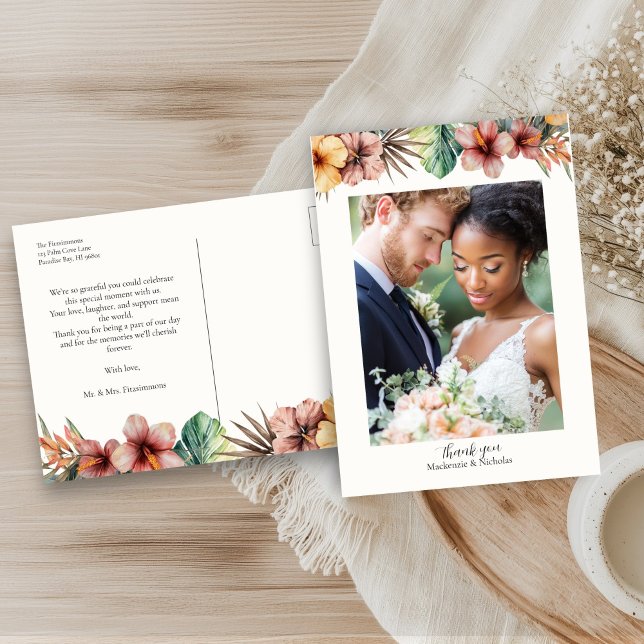 Postal Boda Floral Tropical Boho Gracias Postcard (tropical wedding thank you postcard)