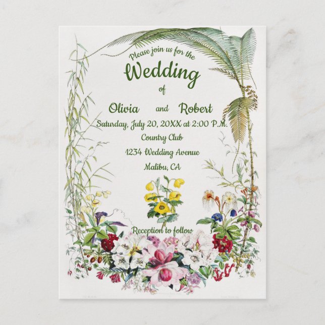 Postal Boda floral tropical personalizado (Anverso)