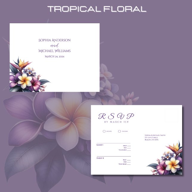 Postal Boda-Floral Tropical-RSVP-Postcard (Tropical Floral Wedding RSVP cards-Beach Wedding-Coastal-Purple)