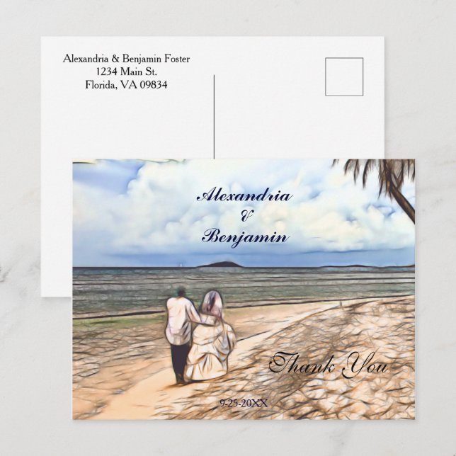 Postal Boda Foto acuarela tropical Gracias (Anverso / Reverso)