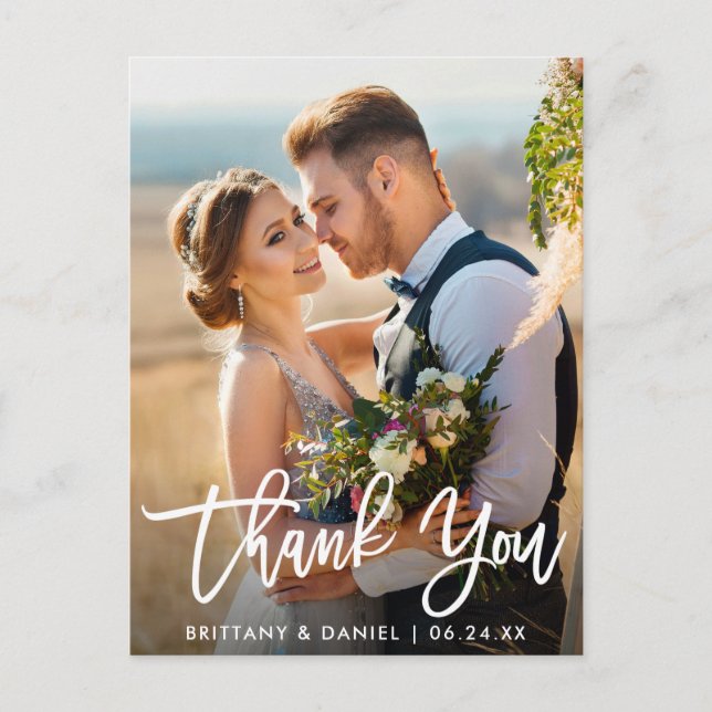 Postal Boda Foto Moderno Script de Pincel Gracias W (Anverso)