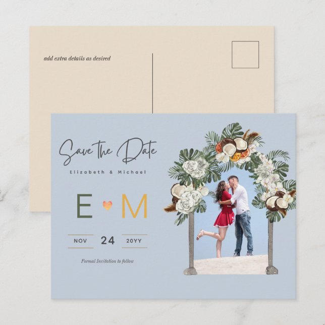 Postal Boda fotográfica salva la fecha de la agitada flor (Anverso / Reverso)