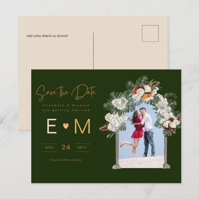 Postal Boda fotográfica salva la fecha floral verde esmer (Anverso / Reverso)