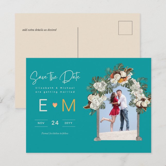 Postal Boda fotográfica Salvar la fecha floral Verde azul (Anverso / Reverso)