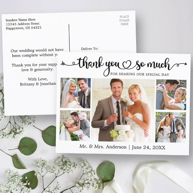 Postal Boda fotográfico Calligraphy Heart 5 Gracias (Customize to change your personalized text size or text style.)