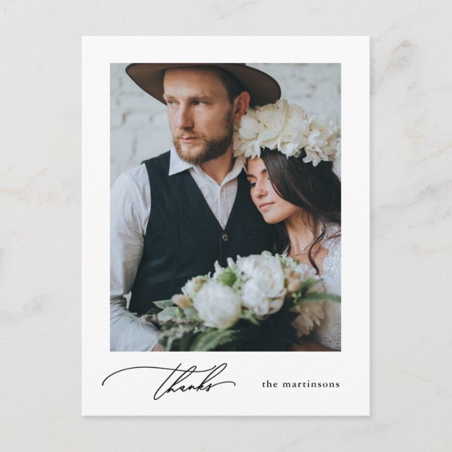 Postal Boda fotográfico de caligrafía simple gracias (Anverso)