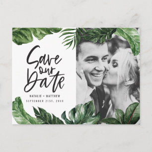 Postal Boda fotográfico de follaje tropical y con letras