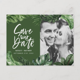 Postal Boda fotográfico de follaje tropical y con letras