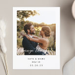 Postal Boda fotográfico moderno cambia la fecha<br><div class="desc">boda diseñado por personalizados cambia la postal de fecha con un diseño moderno de marco blanco y caligrafía.</div>