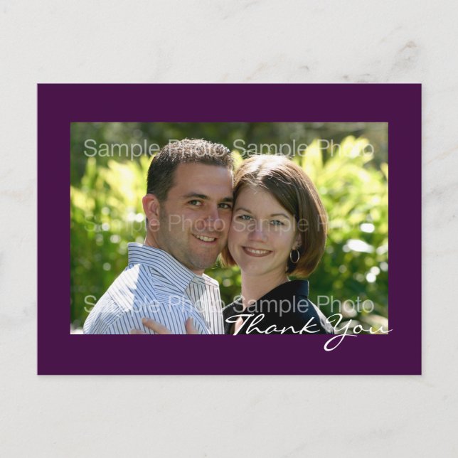 Postal Boda fotográfico Personalizado morado gracias a la (Anverso)