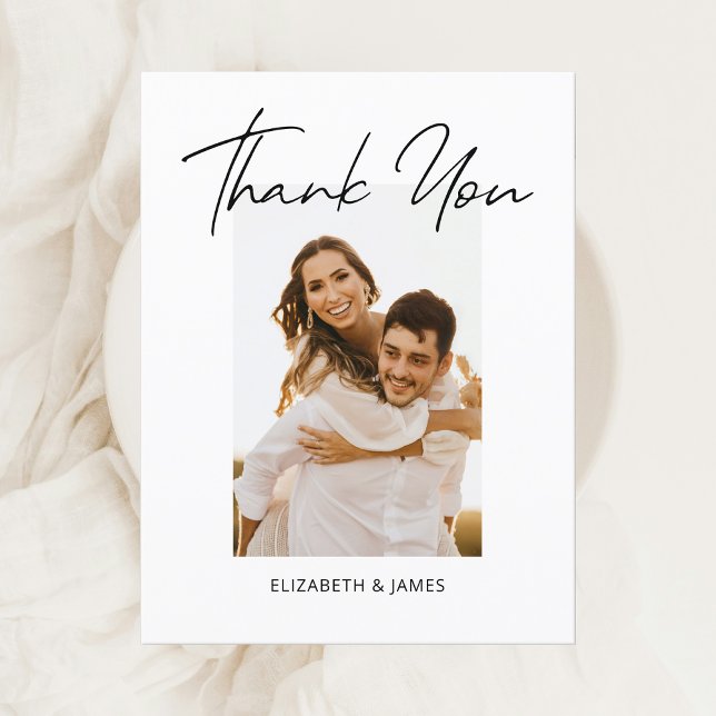 Postal Boda fotográfico simple y moderno escrito a mano G (Simple Minimalist Thank You Wedding Card)