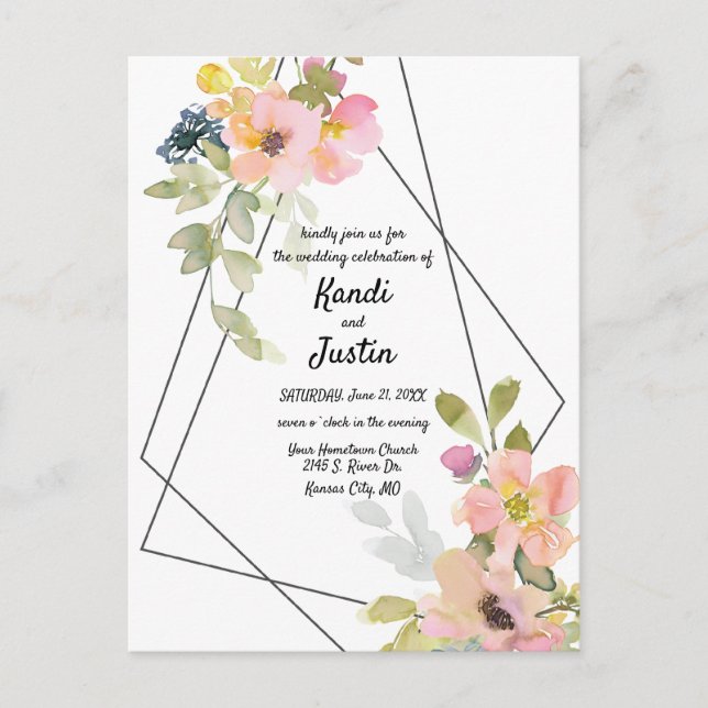 Postal Boda geométrico acuarela rosa floral (Anverso)