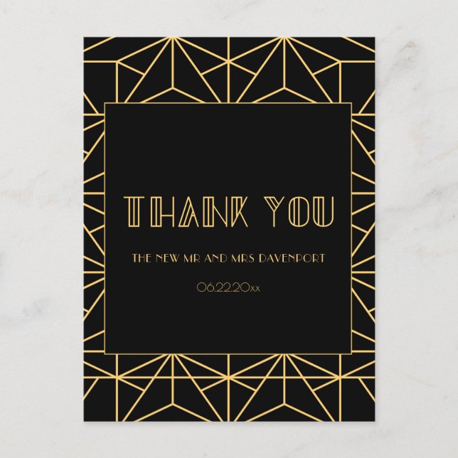 Postal Boda geométrico art deco de los años 20, gracias (Anverso)