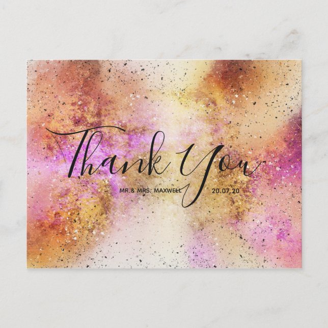 Postal Boda Gold Pink Sky Gracias Postcard Script (Anverso)