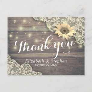 Postal Boda Gracias A Lace Sunflower Rustic Wood Light