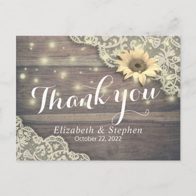 Postal Boda Gracias A Lace Sunflower Rustic Wood Light (Anverso)