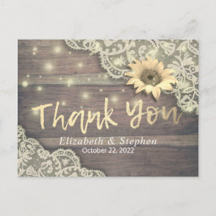 Postal Boda Gracias A Lace Sunflower Rustic Wood Light