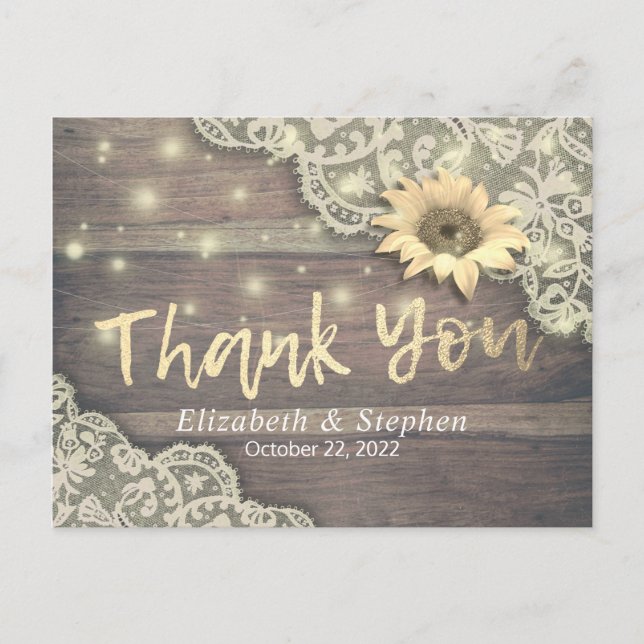 Postal Boda Gracias A Lace Sunflower Rustic Wood Light (Anverso)