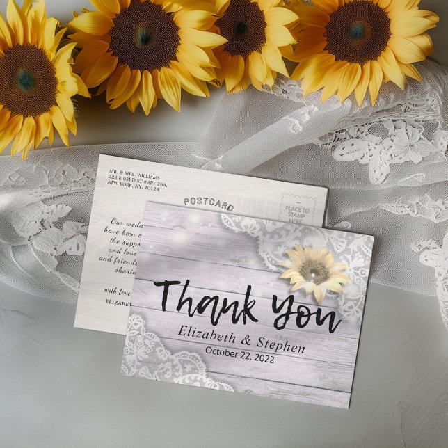 Postal Boda Gracias A Lace Sunflower Rustic Wood Light (Subido por el creador)