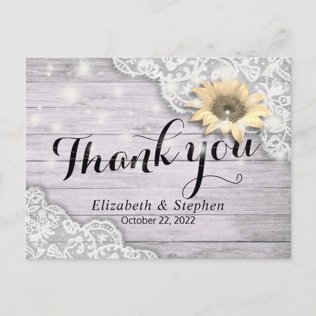 Postal Boda Gracias A Lace Sunflower Rustic Wood Light (Anverso)