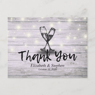 Postal Boda Gracias Champagne Glasses Wood Lights