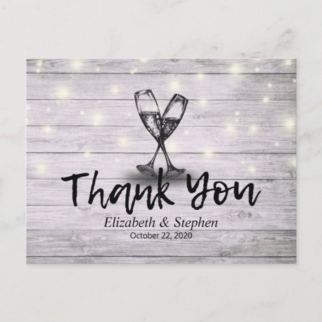 Postal Boda Gracias Champagne Glasses Wood Lights (Anverso)