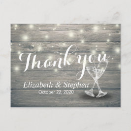 Postal Boda Gracias Champagne Glasses Wood Lights