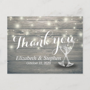Postal Boda Gracias Champagne Glasses Wood Lights