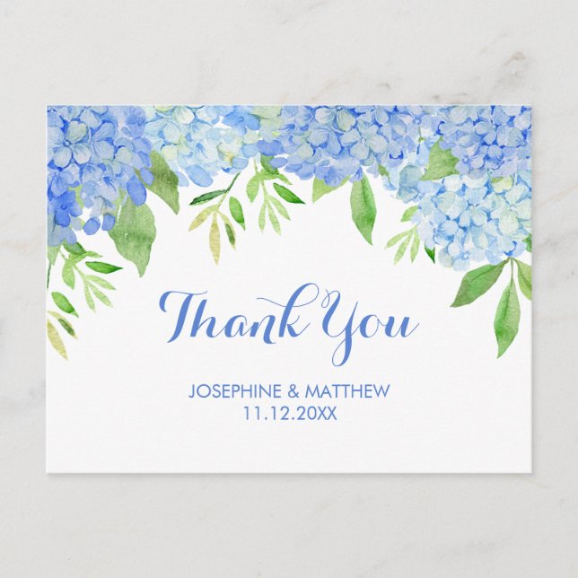 Postal Boda Gracias Hydrangea Azul Acuarela Floral (Anverso)