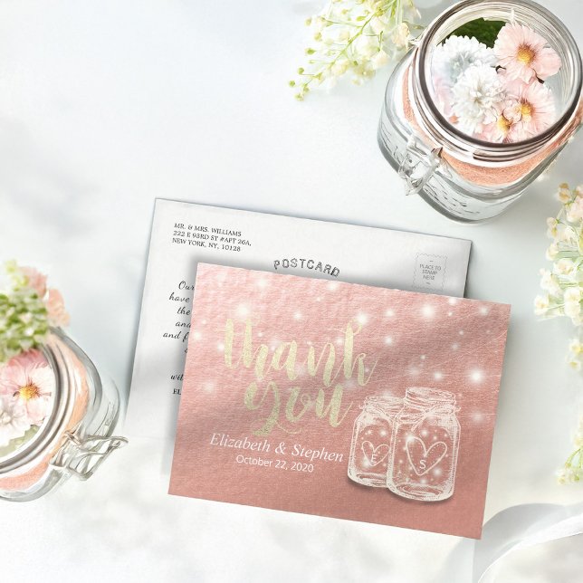 Postal Boda Gracias Mason Jar String Light Rosa Gold (Subido por el creador)