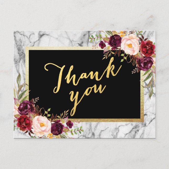 Postal Boda Gracias Oro Burgundy Marble Floral (Anverso)