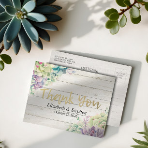 Postal Boda Gracias Plantas Suculentas Madera Rústica