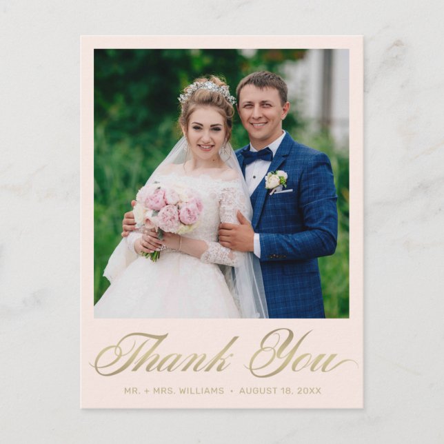 Postal Boda Gracias Rubor Pink Photo Gold Script (Anverso)