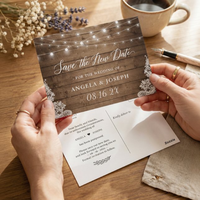 Postal Boda Guardar la Nueva Fecha Luces Rústicas Titilan (Subido por el creador)