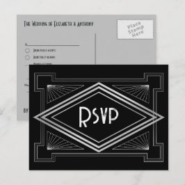 Postal Boda inspirada en Gatsby con arte deco negro y pla