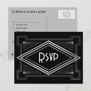 Postal Boda inspirada en Gatsby con arte deco negro y pla