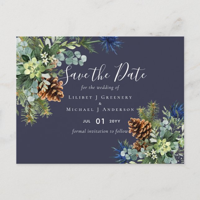 Postal Boda Invierno Azul Cardo Eucalipto Maravilla (Anverso)