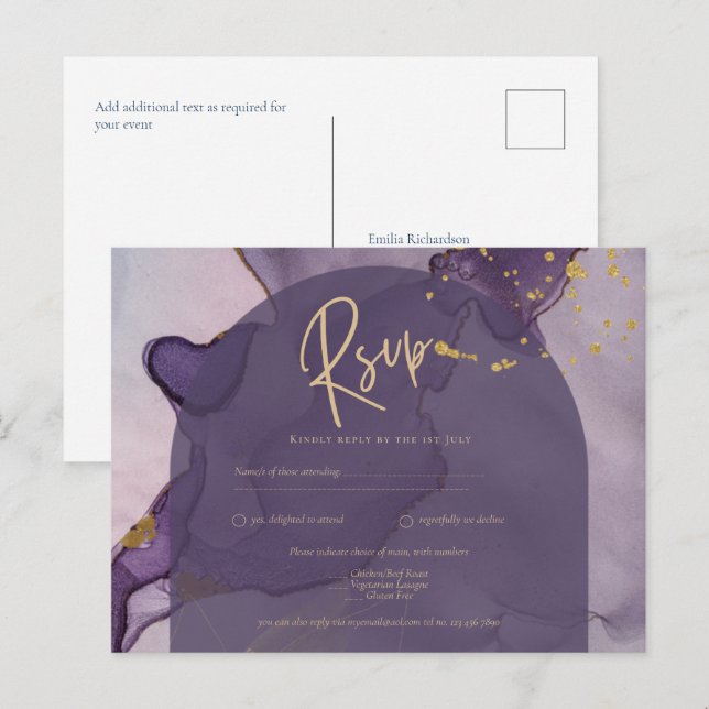 Postal Boda LeahG Ink Ombre Purple Lavender Gold (Anverso / Reverso)