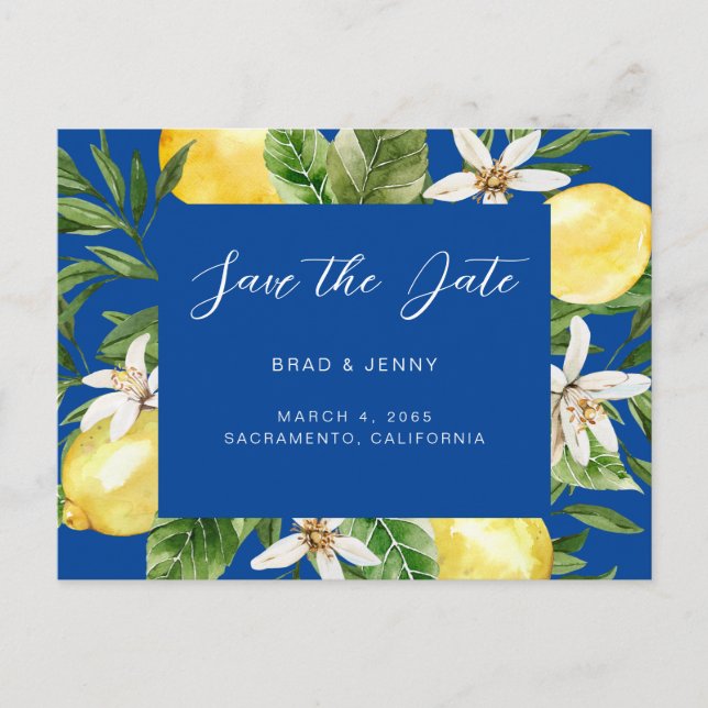 Postal Boda Limón Mediterráneo Azul Save the Date  (Anverso)