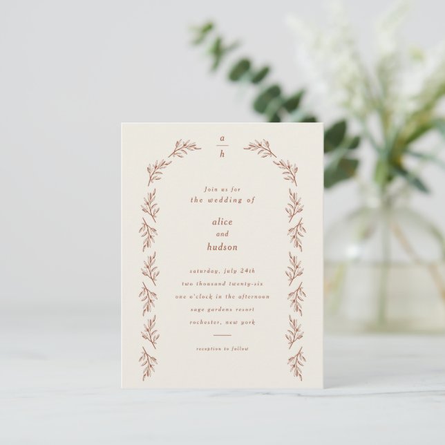 Postal Boda Minimalista Boho Arco Terracota (Anverso de pie)