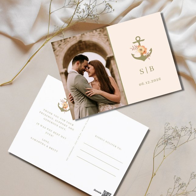 Postal Boda minimalista de Boho Foto Gracias (Boho Nautical Anchor Photo Wedding Thank You Postcards)