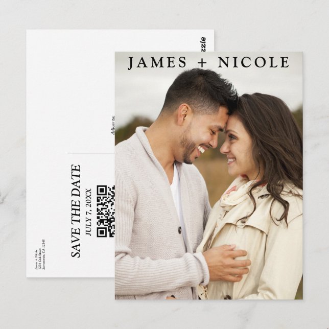 Postal Boda moderna con código QR escaneable para guardar (Anverso / Reverso)