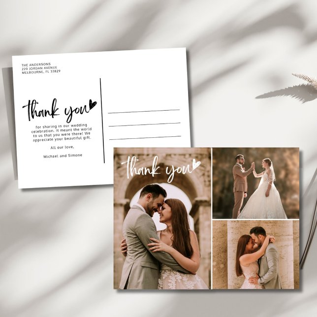 Postal Boda moderno 3 Collage de fotos Gracias (Modern Wedding 3 Photo Collage Thank You Postcard)