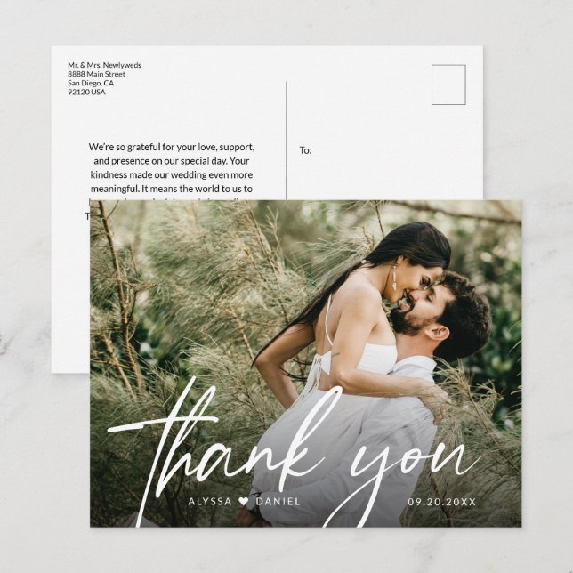 Postal Boda moderno con escritura a mano gracias (Anverso / Reverso)