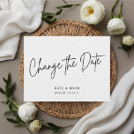Postal Boda moderno de escritura blanca negra cambia la f<br><div class="desc">Posposición/cambio de la tarjeta postal de fecha diseñada por el boda y diseñada por el personalizado,  con un diseño moderno de letras en blanco y negro.</div>