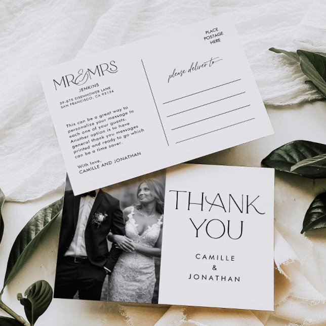 Postal Boda moderno elegante de fotos en blanco negro Gra (Elegant Modern Photo Wedding Thank you Post Card)