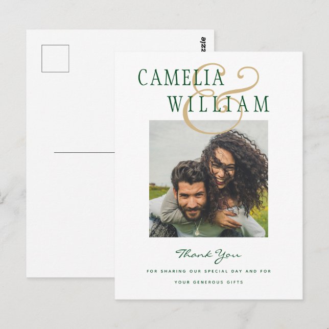 Postal Boda moderno Emerald Green Gold GRACIAS FOTO (Anverso / Reverso)