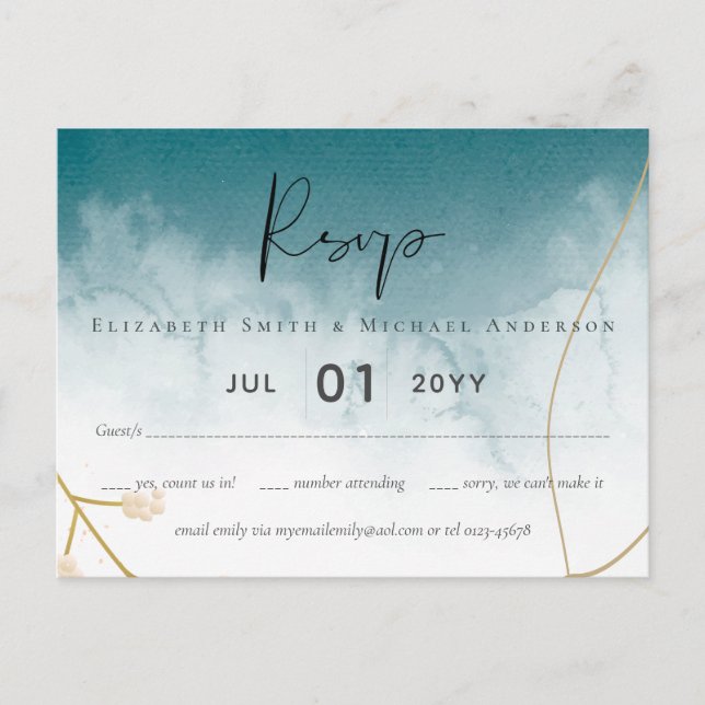 Postal Boda moderno Misty Blue Gold (Anverso)